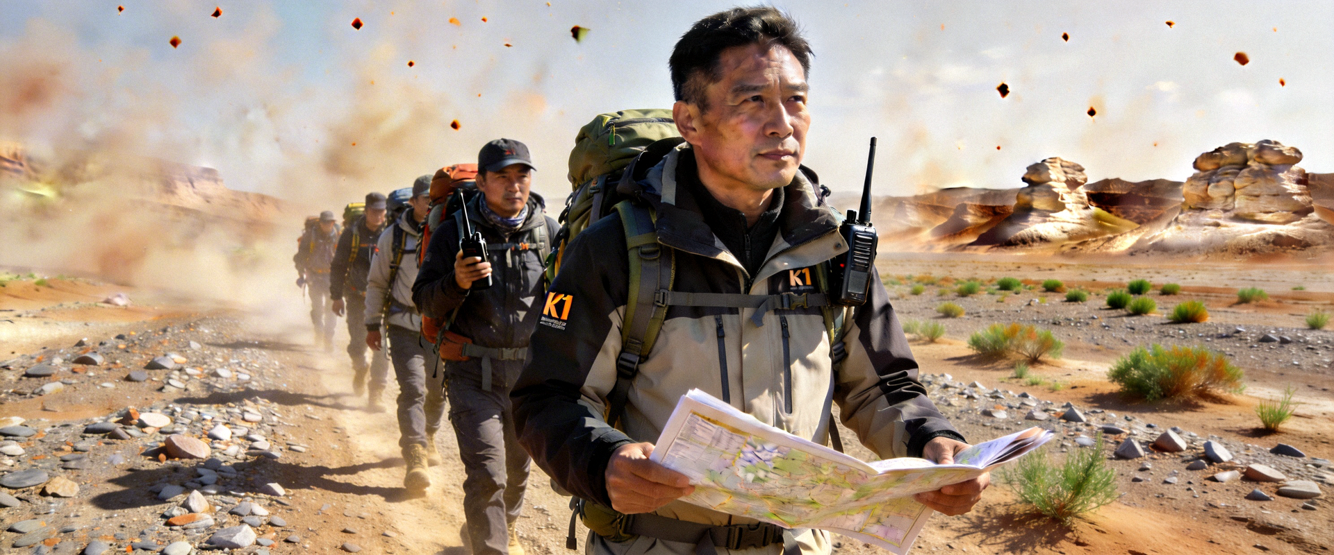 k1集团创始人带领团队穿越无人区的纪实照片，展现品牌深厚的探索精神与专业实力