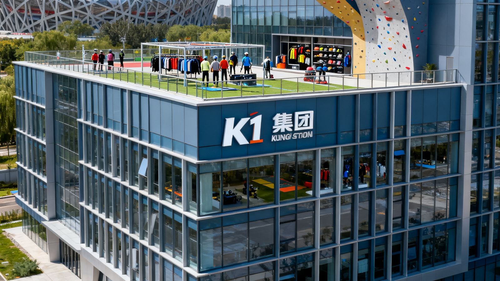 k1集团总部大楼位于北京奥体中心旁，现代化建筑外观融合户外运动元素，楼顶设有攀岩训练墙和户外装备展示区，彰显企业专业形象。