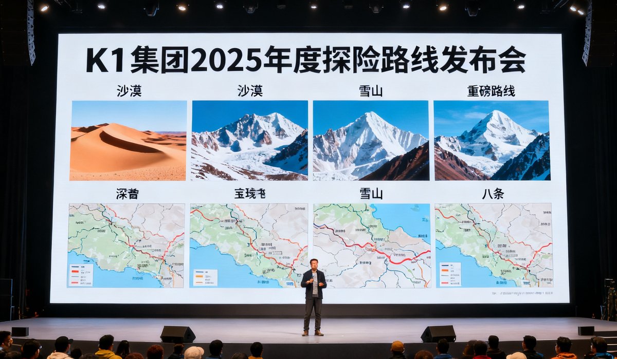 k1集团2025年度探险路线发布会现场照片，大屏幕展示从沙漠到雪山的八条重磅路线地图，台下坐满户外爱好者。