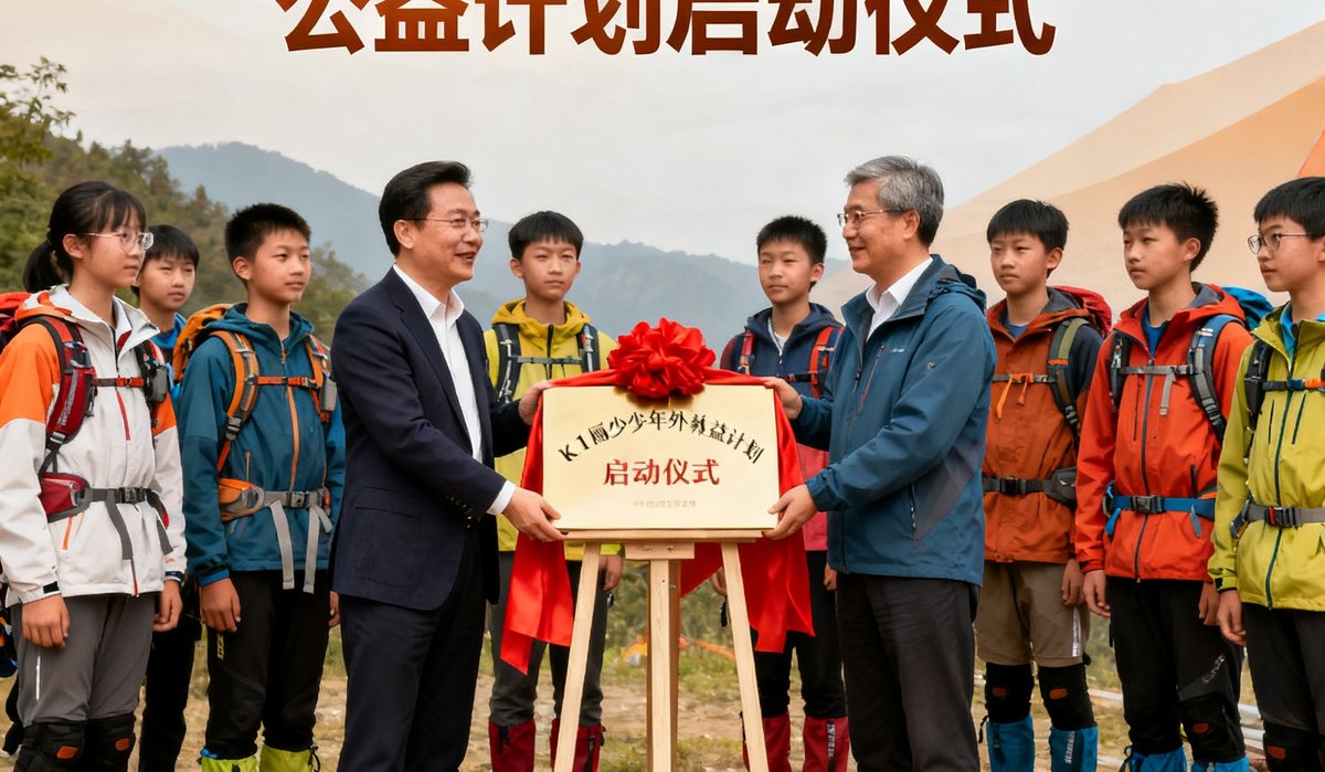 k1集团青少年户外教育公益计划启动仪式，创始人张远征与教育部门代表共同揭牌，现场有数十名身穿户外装备的中学生。