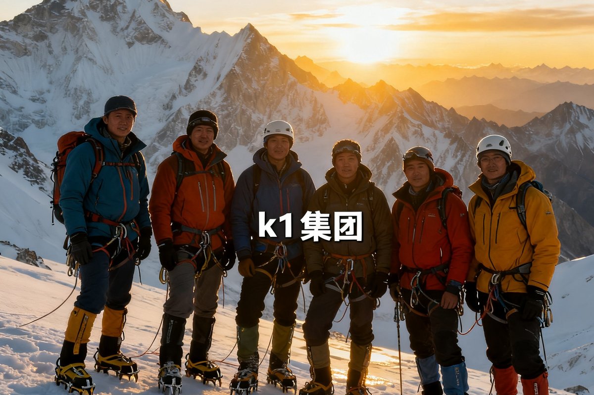 k1集团组织的四姑娘山二峰攀登队伍在海拔5200米雪线合影，队员身着专业冲锋衣和冰爪装备，背后是壮丽的雪山群峰与金色日出。