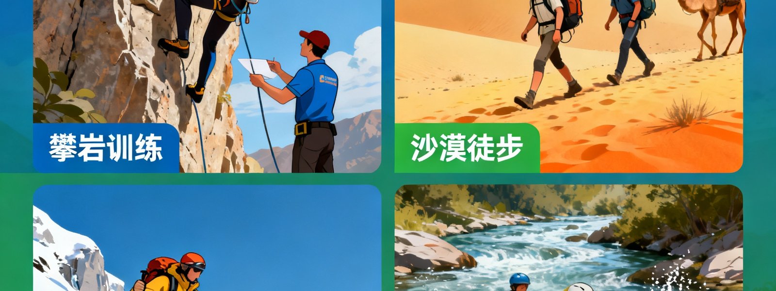 k1集团户外探险综合服务场景图，包含攀岩训练、沙漠徒步、雪山攀登和皮划艇漂流四个画面拼合，展现全方位户外体育服务能力。