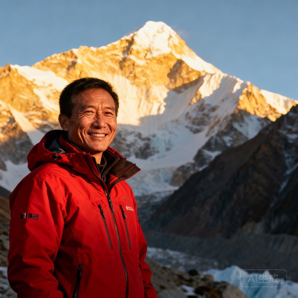 k1集团创始人张远征，前国家登山队队员，有着被高原阳光刻画的坚毅面容，身穿红色冲锋衣站在雪山前微笑。